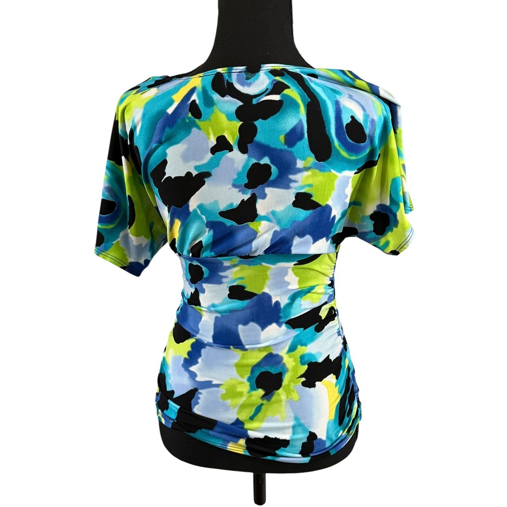 iz Byer California Womens Small Blue Green Abstract Floral Surplice Ruched Top - Picture 3 of 8
